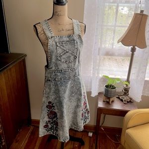 Embroidered Denim Overall Dress